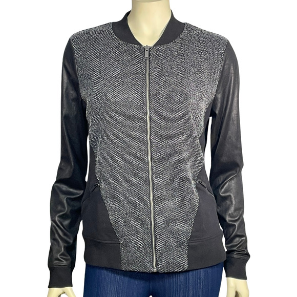 Calvin Klein Sz M Zip-Up Moto Bomber Jacket Faux Leather Sleeves Tweed Knit New - Picture 1 of 10